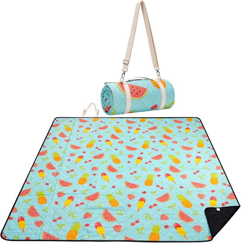 WILLOW WEAVE Picnic Blanket Extra Large 79" x 79", Washable Picnic Blankets, Camping Blanket with Portable Handle & Shoulder Strap - SummerFruits - Image 1